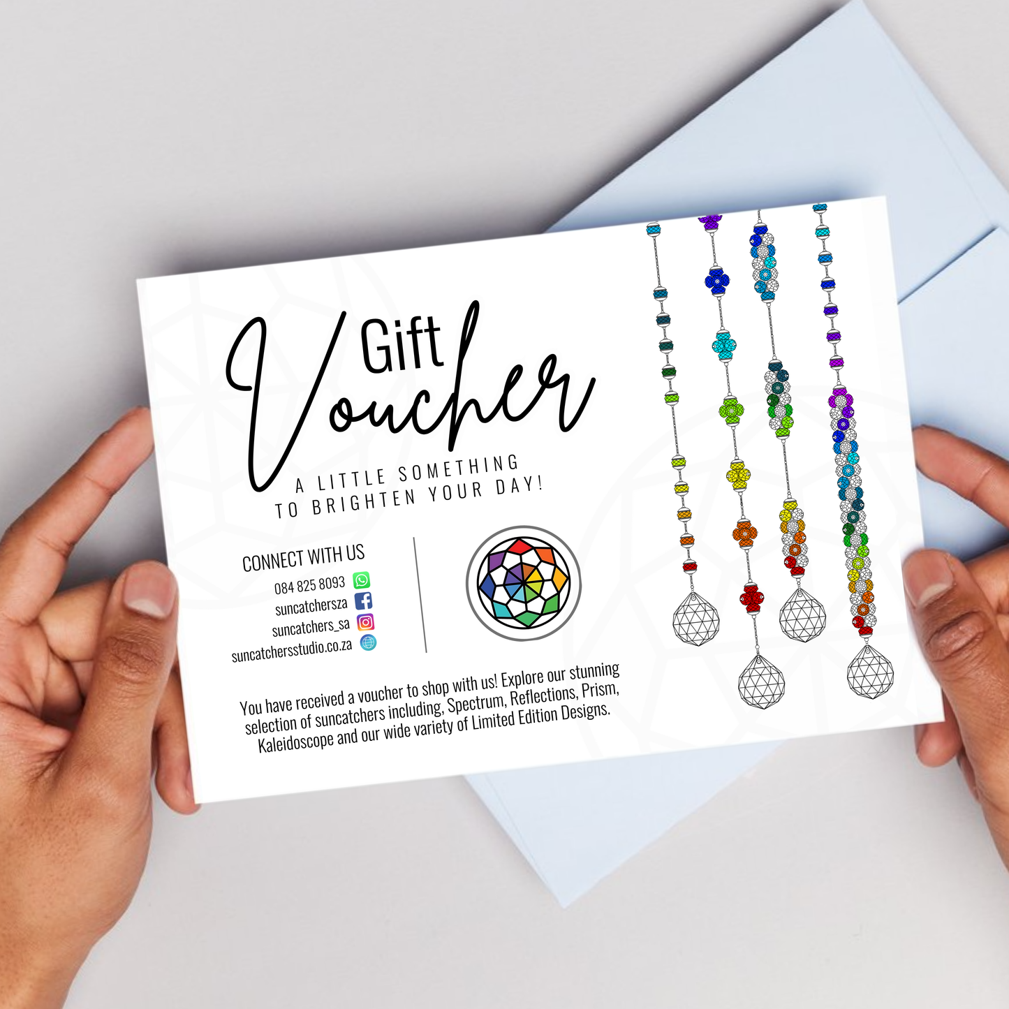 Suncatchers Studio Gift Voucher Mock Up, Spectrum, Reflections, Prism, Kaleidoscope, Rainbow