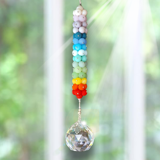 Rainbow Matte Kaleidoscope Suncatcher in silver, with glass crystal drop and Hamsa charm.