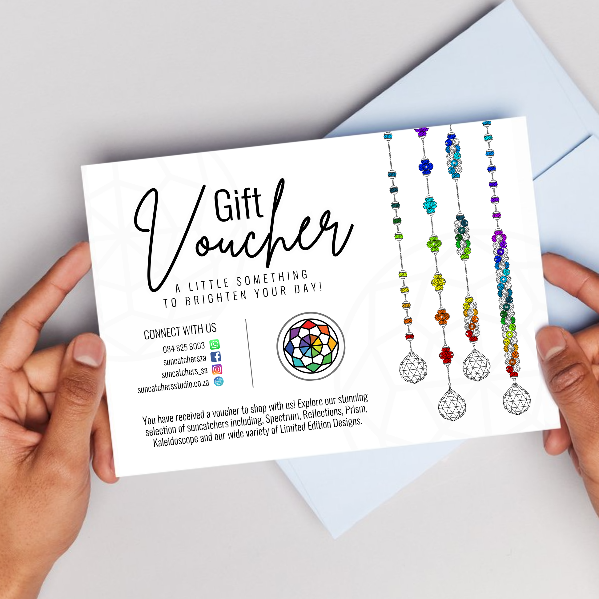 Suncatchers Studio Gift Voucher Mock Up, Spectrum, Reflections, Prism, Kaleidoscope, Rainbow